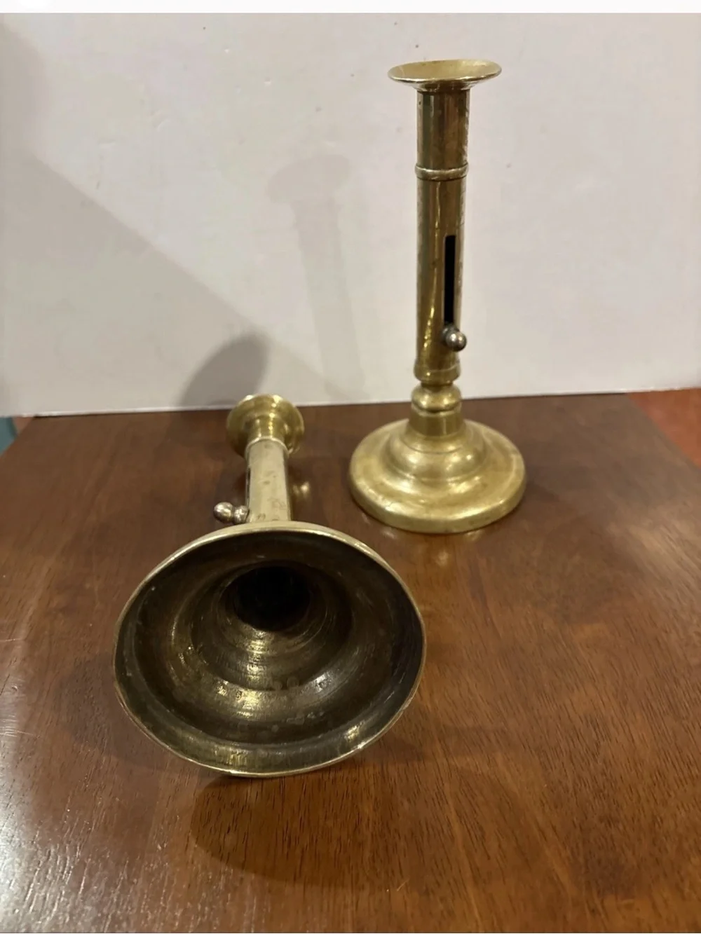 Pair of Antique European Adjustable Brass Candlesticks Push Up